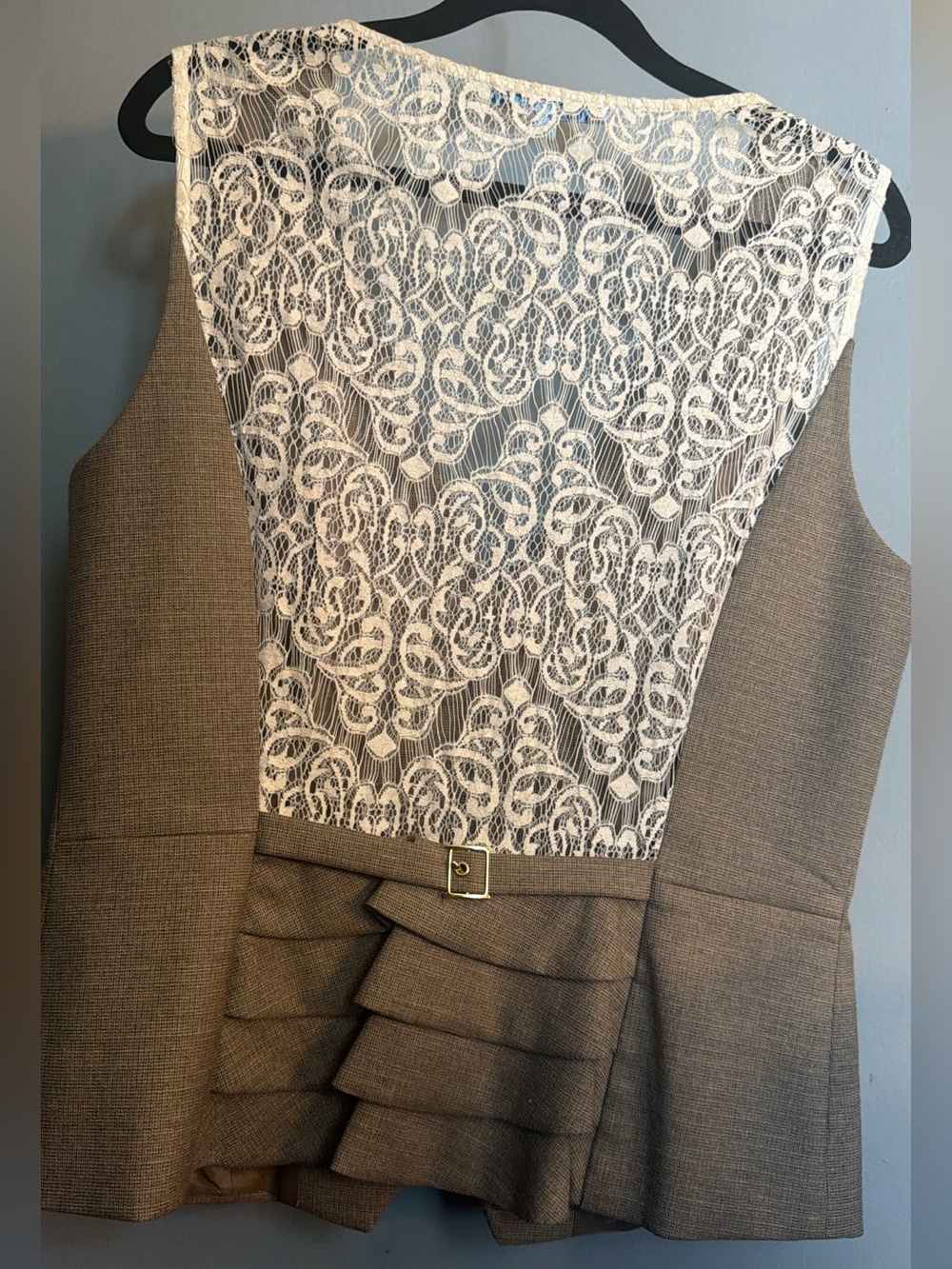 Lace Back Vest Size 8 Tan Brown Ruffle Peplum Tailored Waistcoat